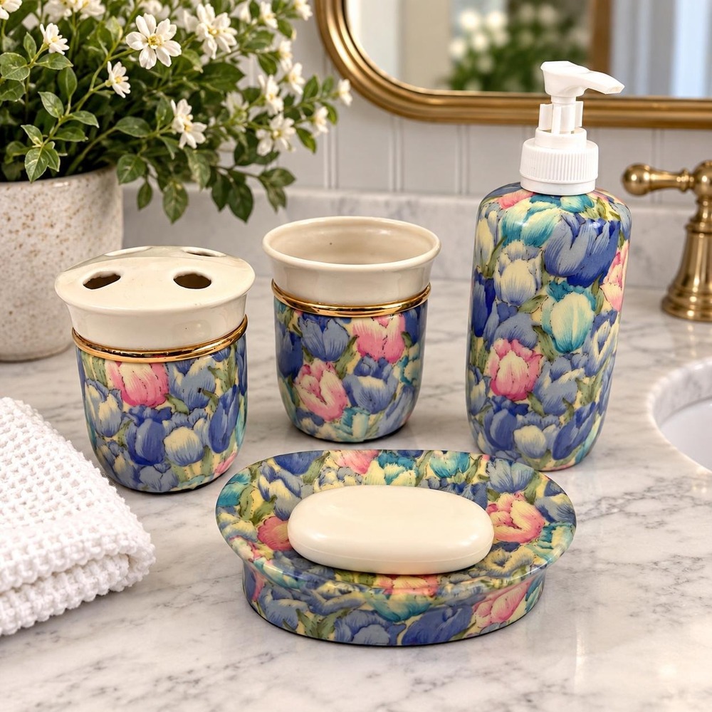 Vintage Floral Bathroom Set 4 Piece Tulip Soap Dish Dispenser Toothbrush Holder
